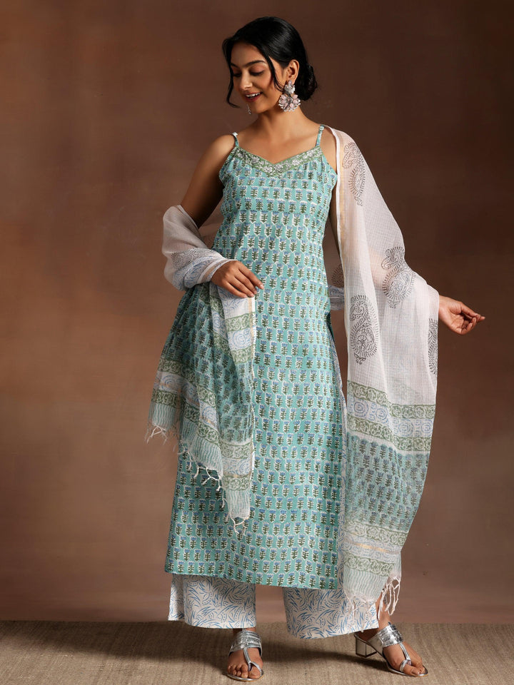 Green Printed Cotton Straight Suit With Dupatta - Libas