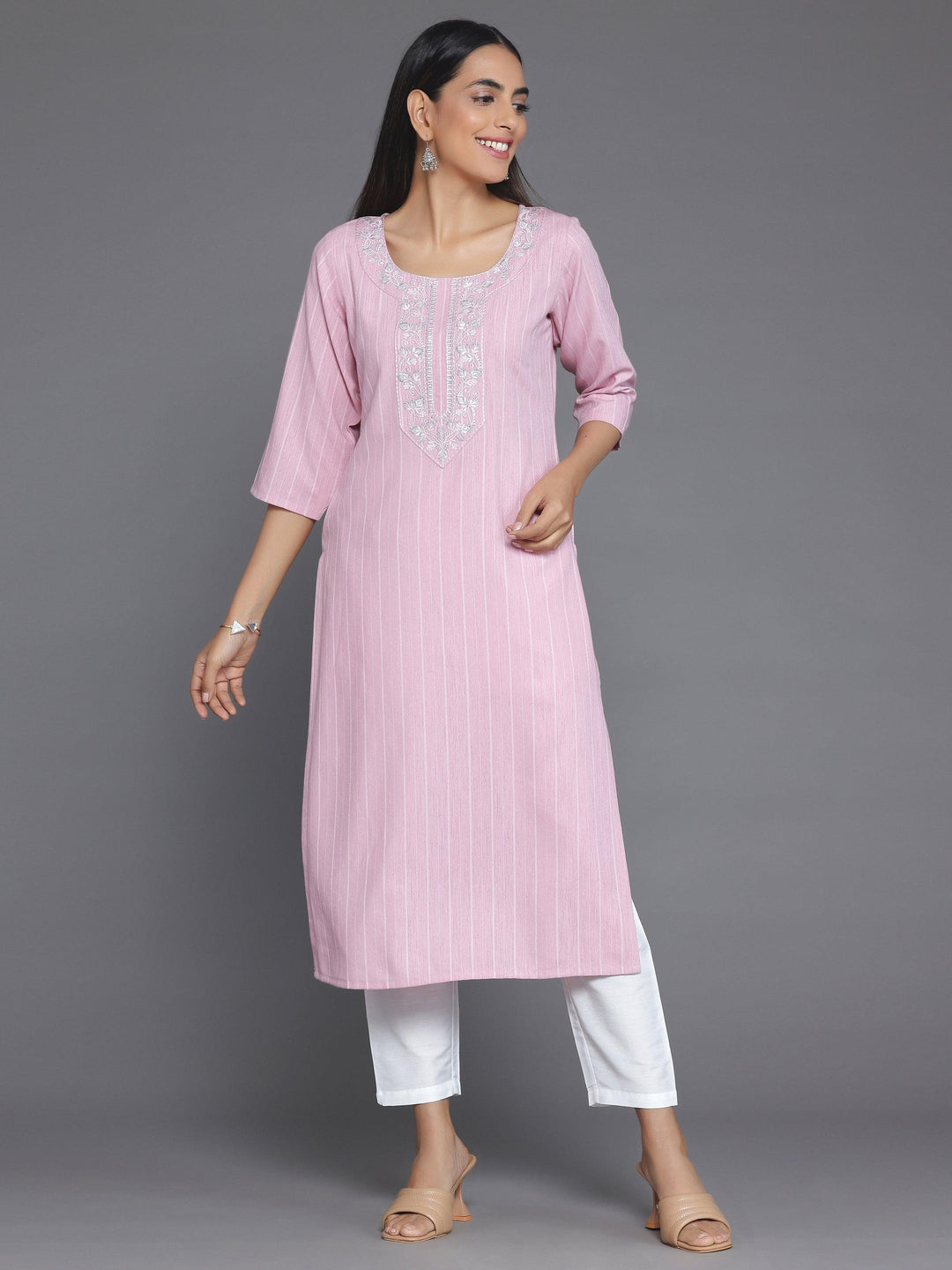 Pink Woven Design Rayon Straight Kurta - Libas 