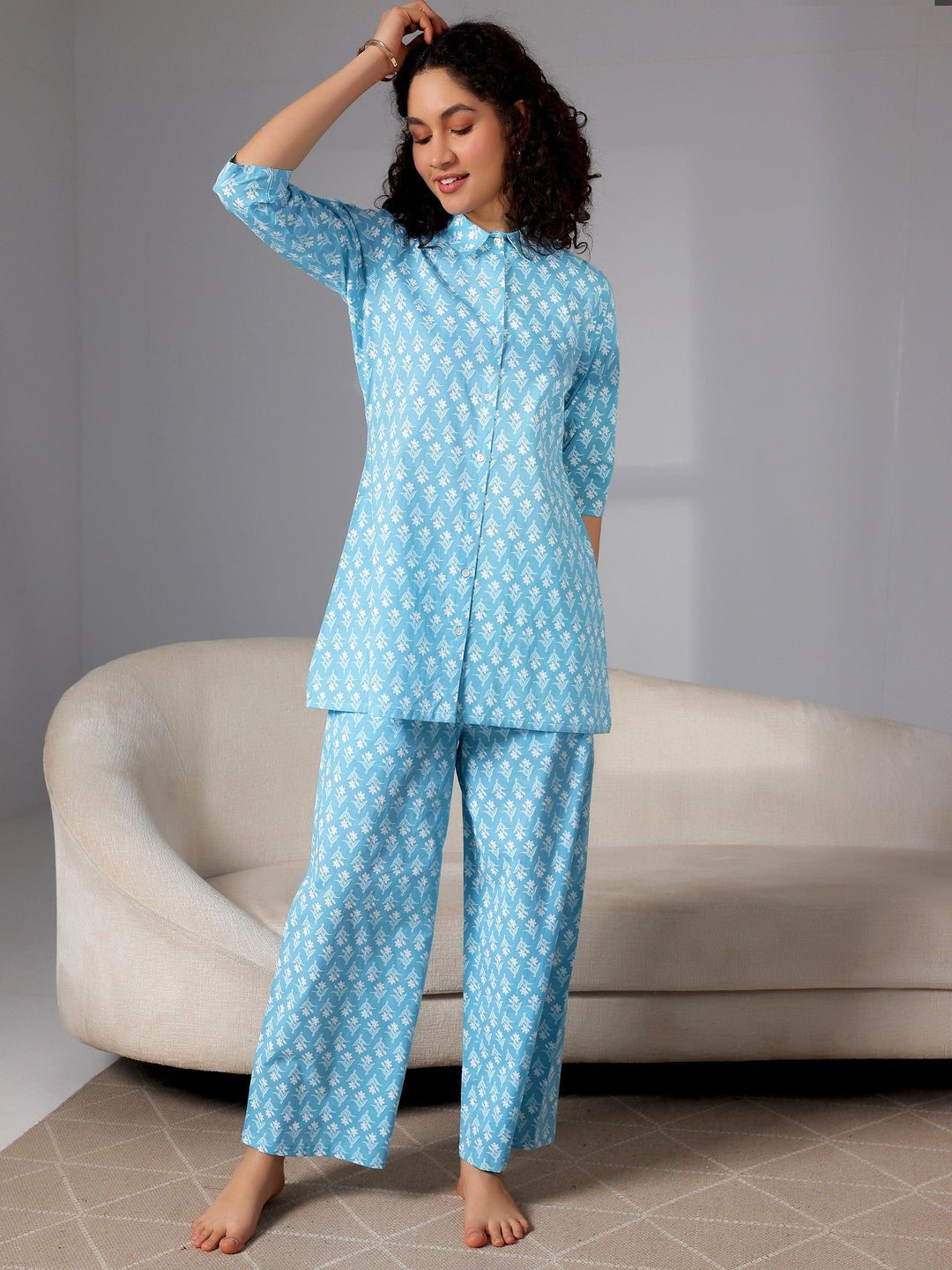 Blue Printed Cotton Night Suits - Libas