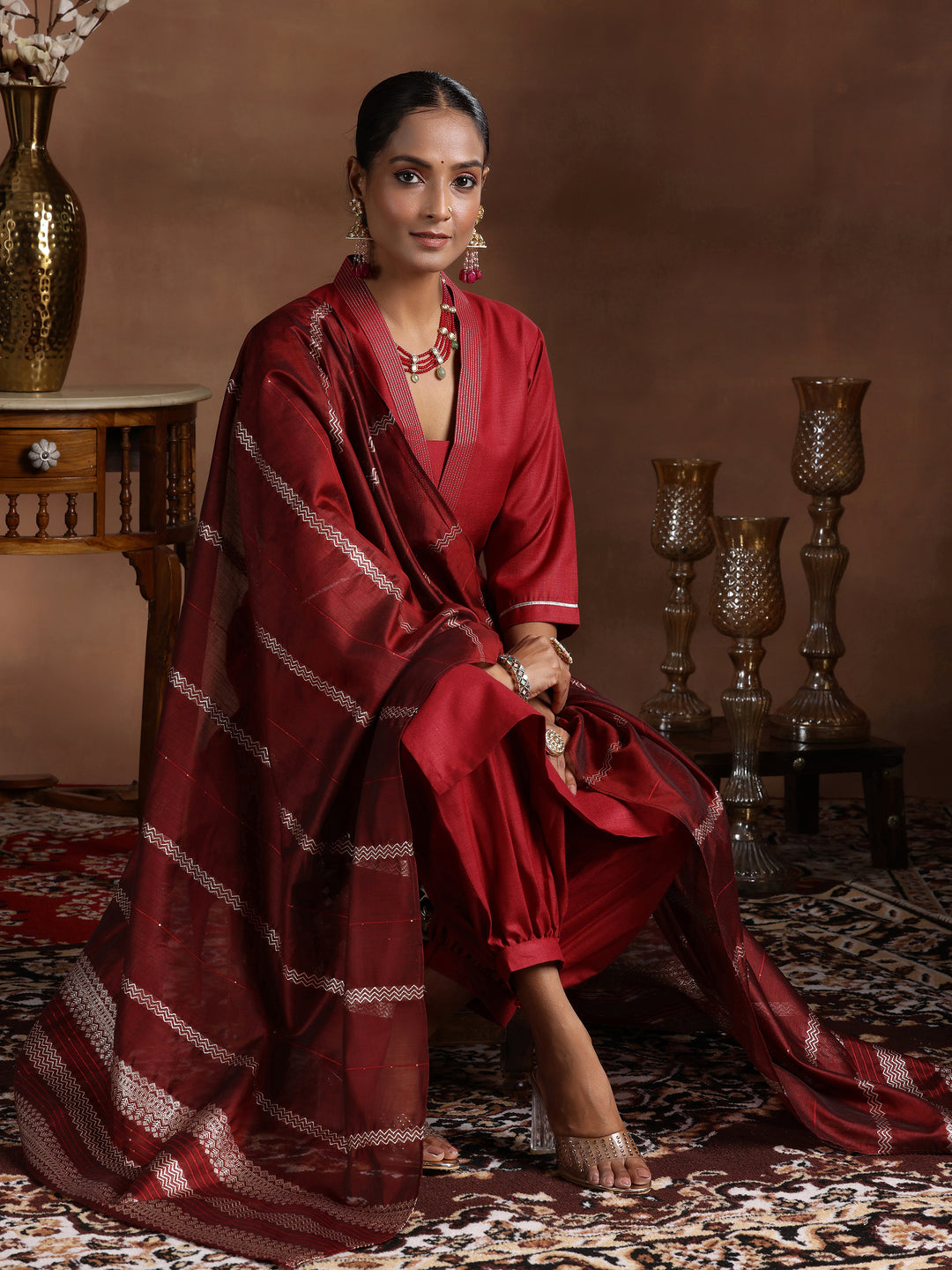  Maroon Solid Cotton Blend Straight Suit With Dupatta 