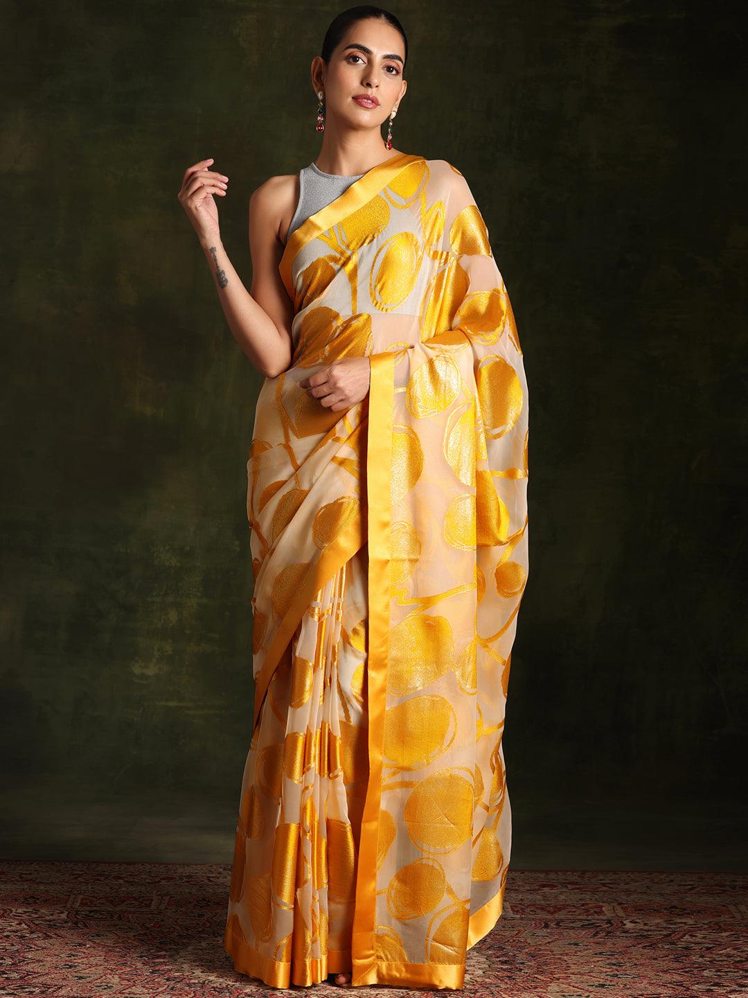 Beige Woven Design Brasso Saree With Unstitched Blouse Piece - Libas 