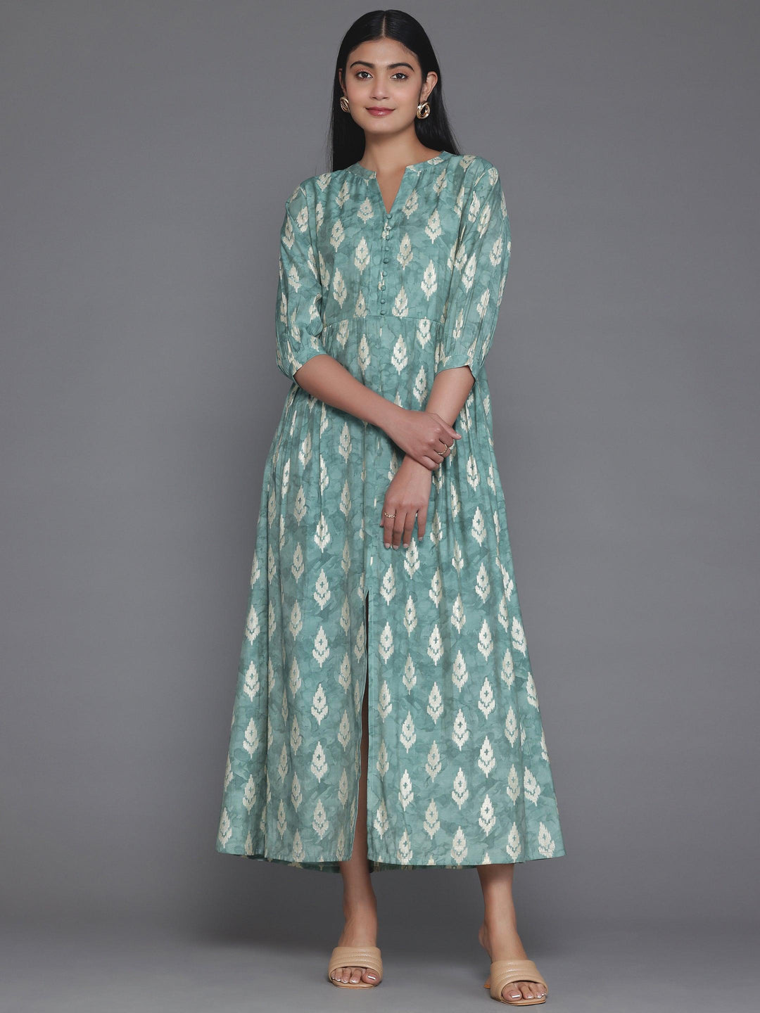 Green Printed Silk Fit and Flare Dress - Libas 