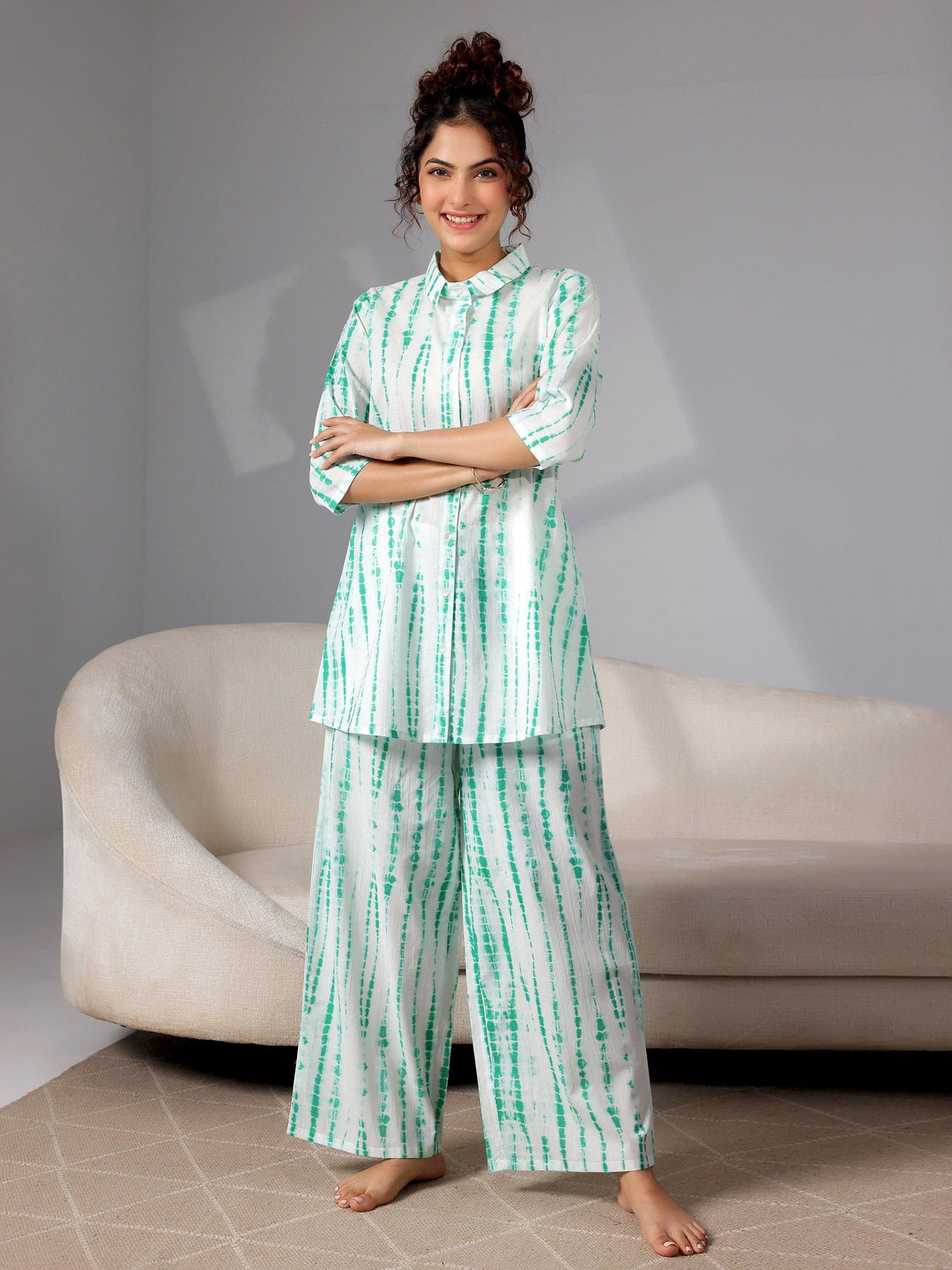 Green Printed Cotton Night Suits - Libas 