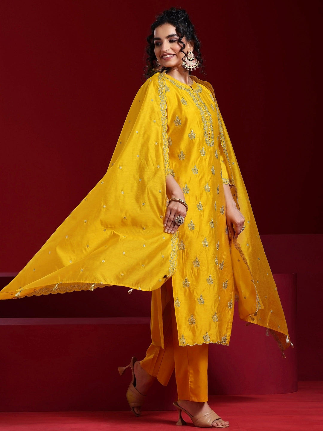 Libas Art Mustard Embroidered Chanderi Silk Straight Suit With Dupatta - Libas 