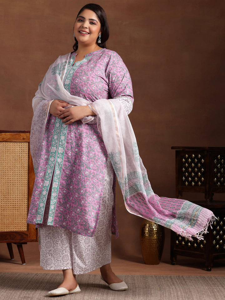 Plus Size Pink Printed Cotton Straight Suit With Dupatta - Libas