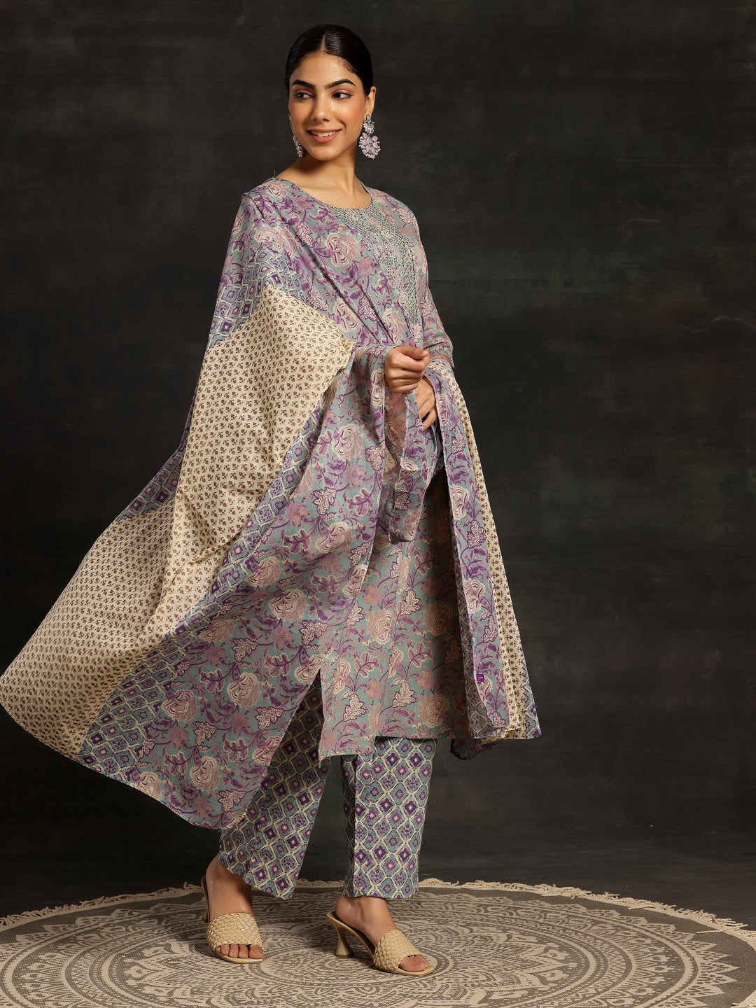 Blue Printed Cotton Straight Suit With Dupatta - Libas