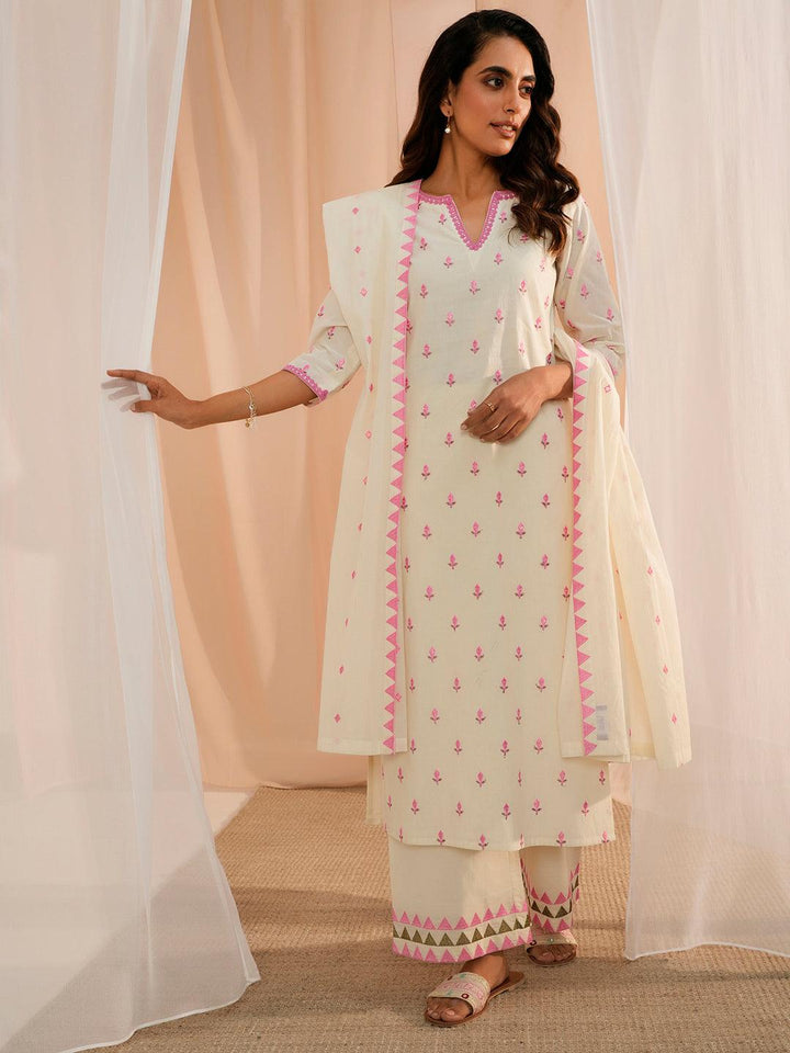 Off White Embroidered Cotton Straight Suit With Dupatta - Libas