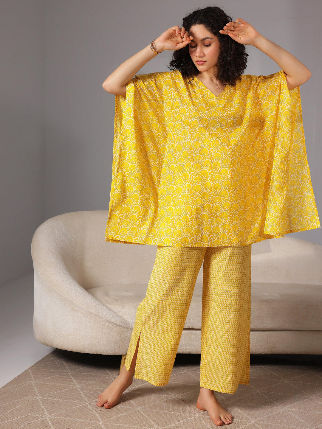 Yellow Printed Cotton Night Suits - Libas 