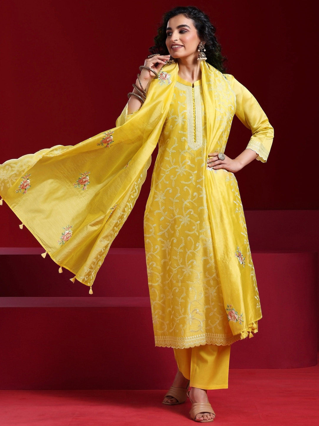 Libas Art Yellow Embroidered Chanderi Silk Straight Suit With Dupatta - Libas