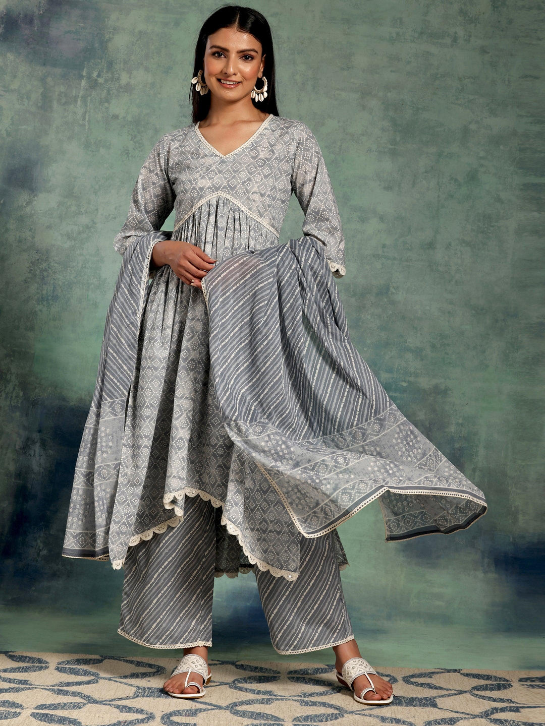 Grey Printed Cotton A-Line Kurta With Palazzos & Dupatta - Libas 