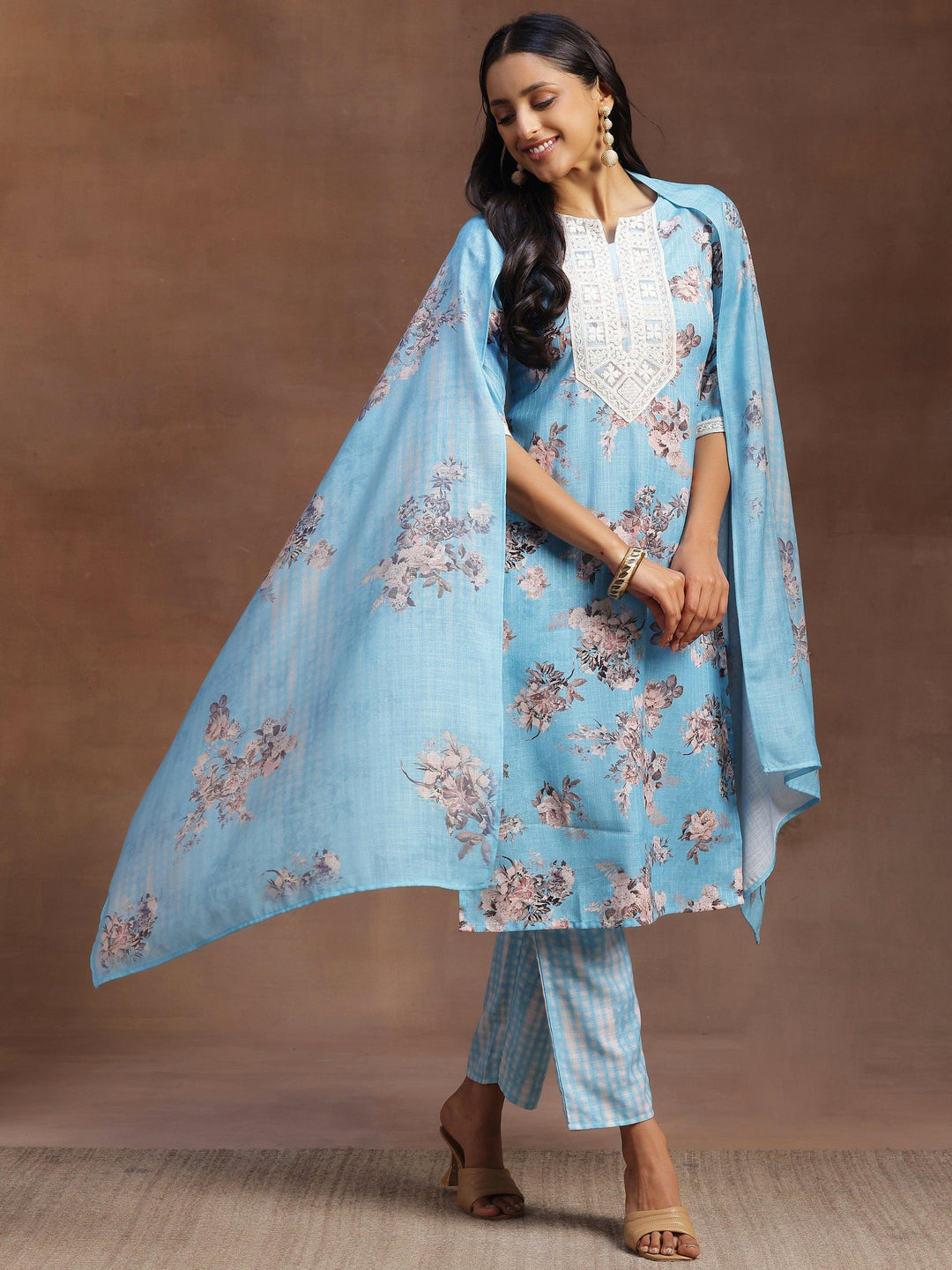 Blue Printed Cotton Straight Suit With Dupatta - Libas 