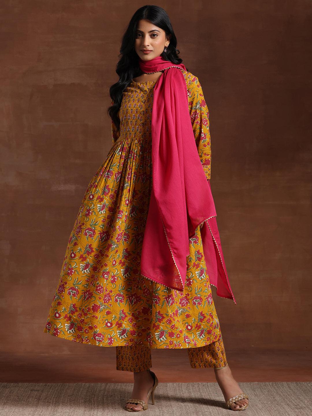 Yellow Printed Pure Cotton Anarkali Suit With Dupatta - Libas