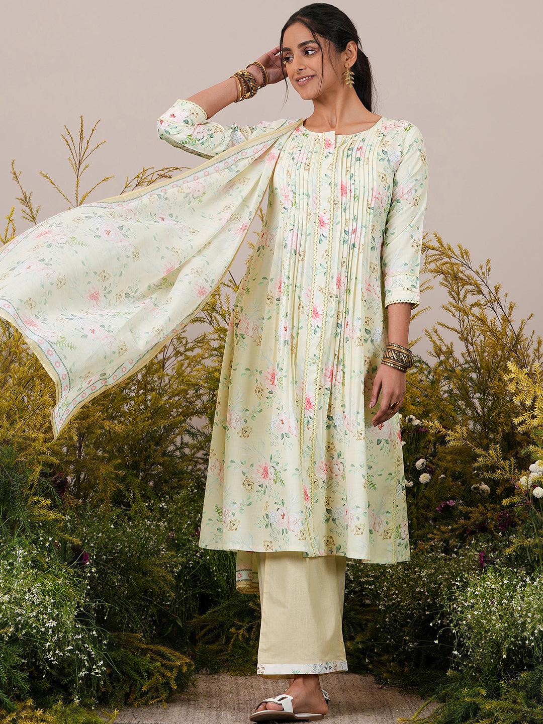 Yellow Printed Cotton Blend A-Line Kurta With Palazzos & Dupatta - Libas