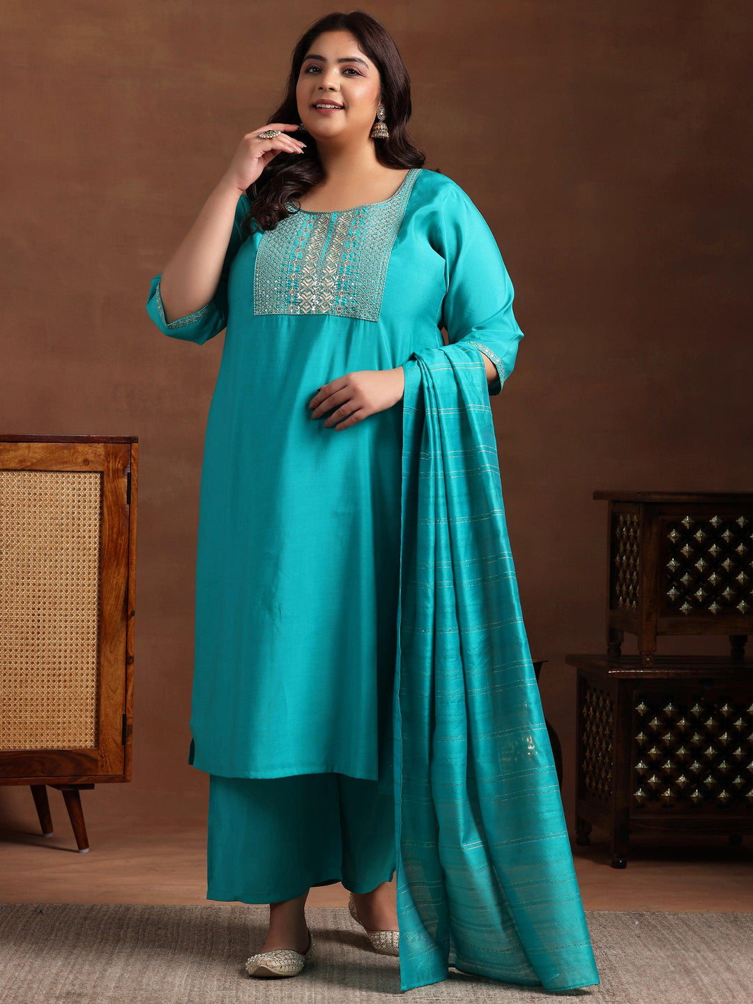 Plus Size Green Yoke Design Silk Blend Straight Suit With Dupatta - Libas