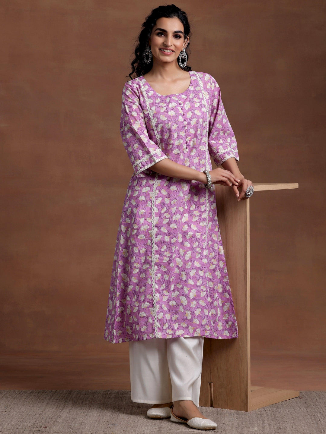 Purple Printed Cotton A-Line Kurta - Libas 