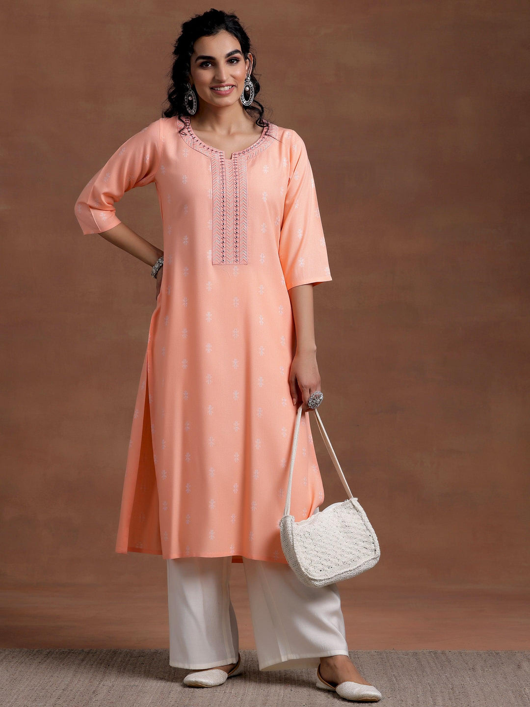 Peach Woven Design Cotton Straight Kurta - Libas