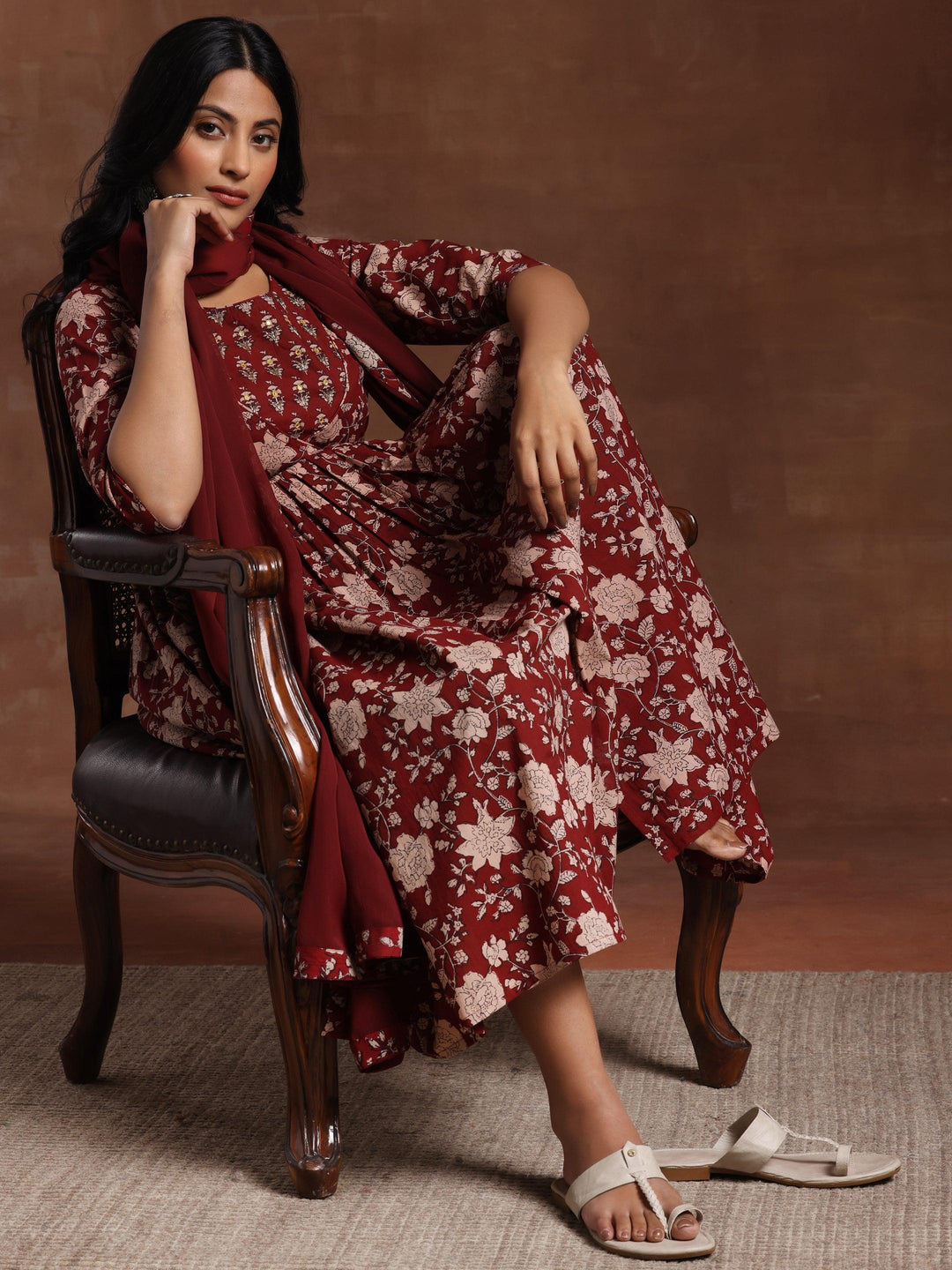 Maroon Printed Pure Cotton Anarkali Suit With Dupatta - Libas 