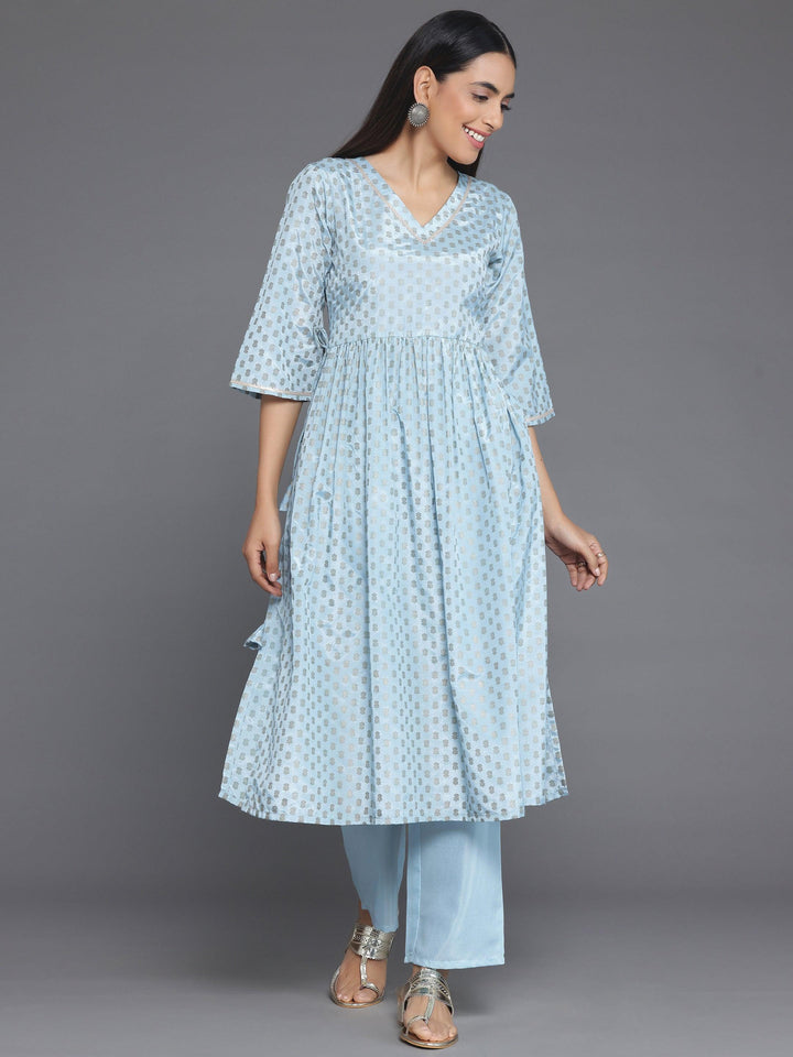 Blue Printed Silk Blend A-Line Kurta With Trousers - Libas