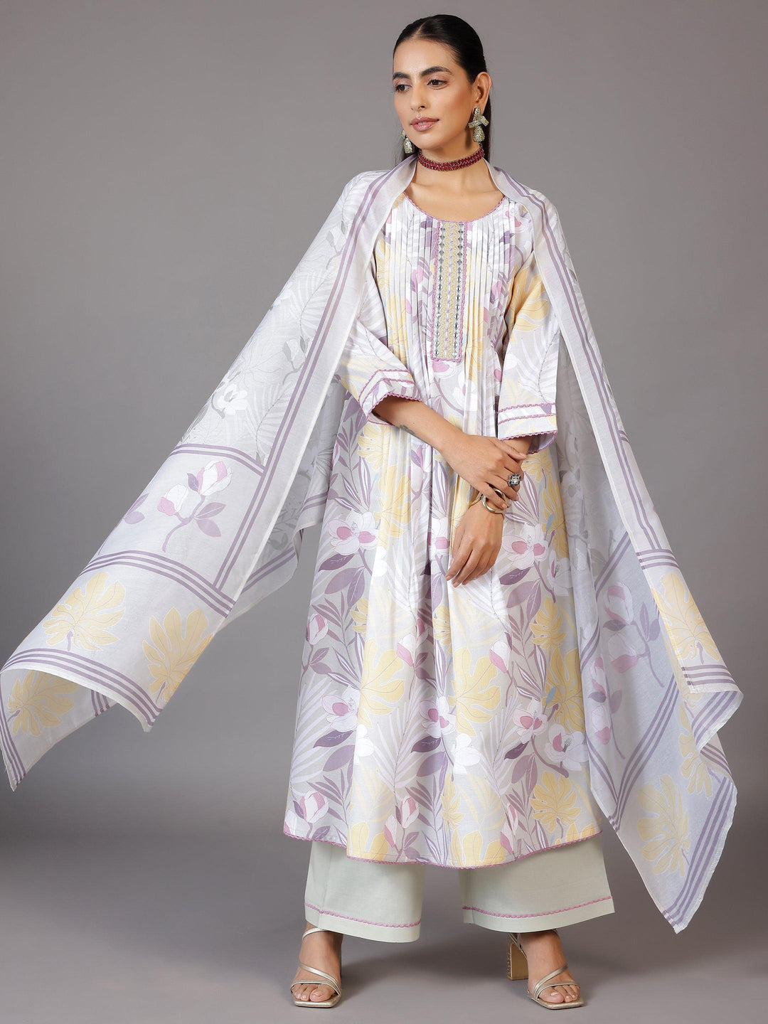 Grey Printed Cotton Blend A-Line Kurta With Palazzos & Dupatta - Libas