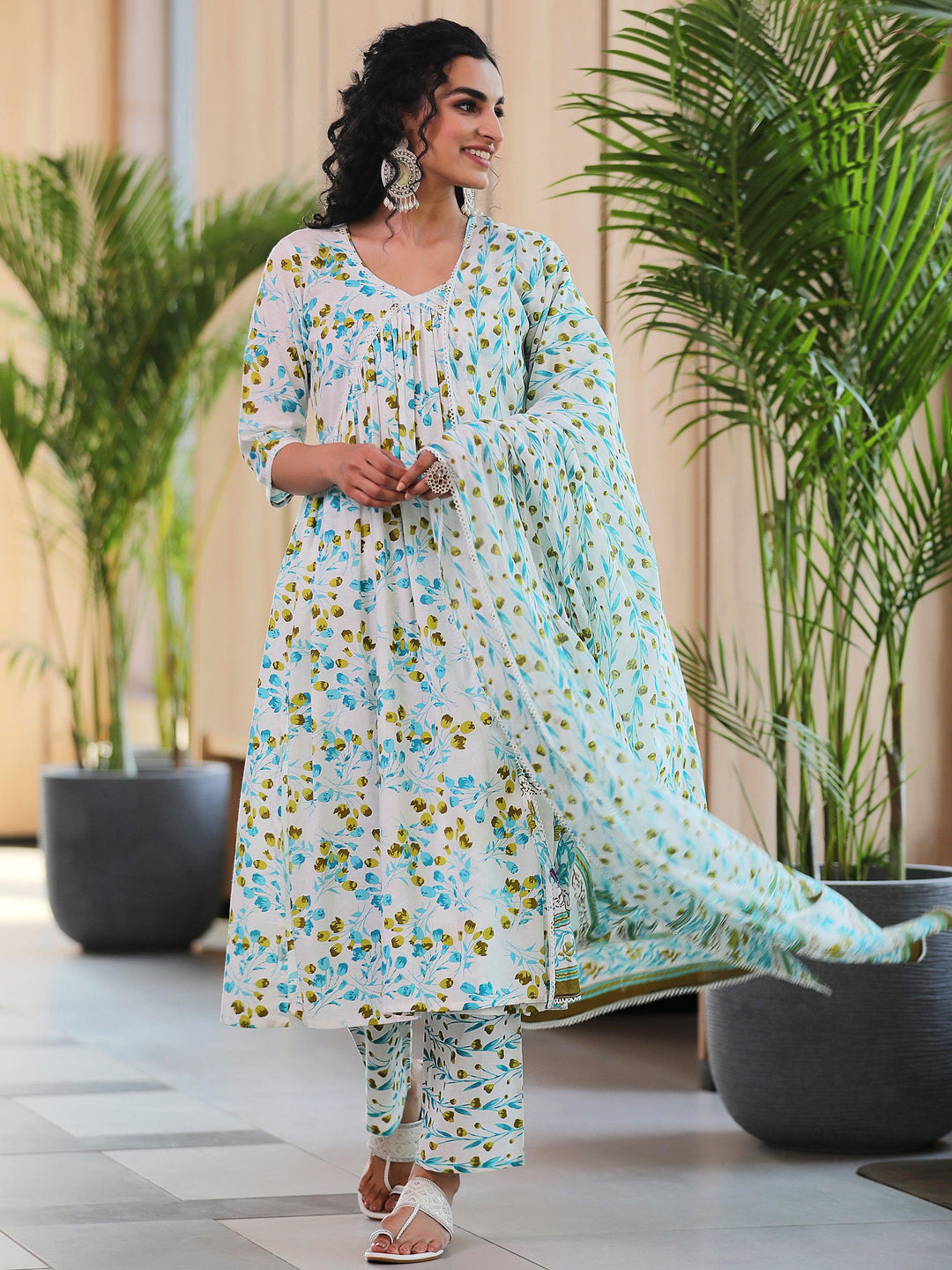 Off White Printed Cotton A-Line Kurta With Palazzos & Dupatta - Libas 