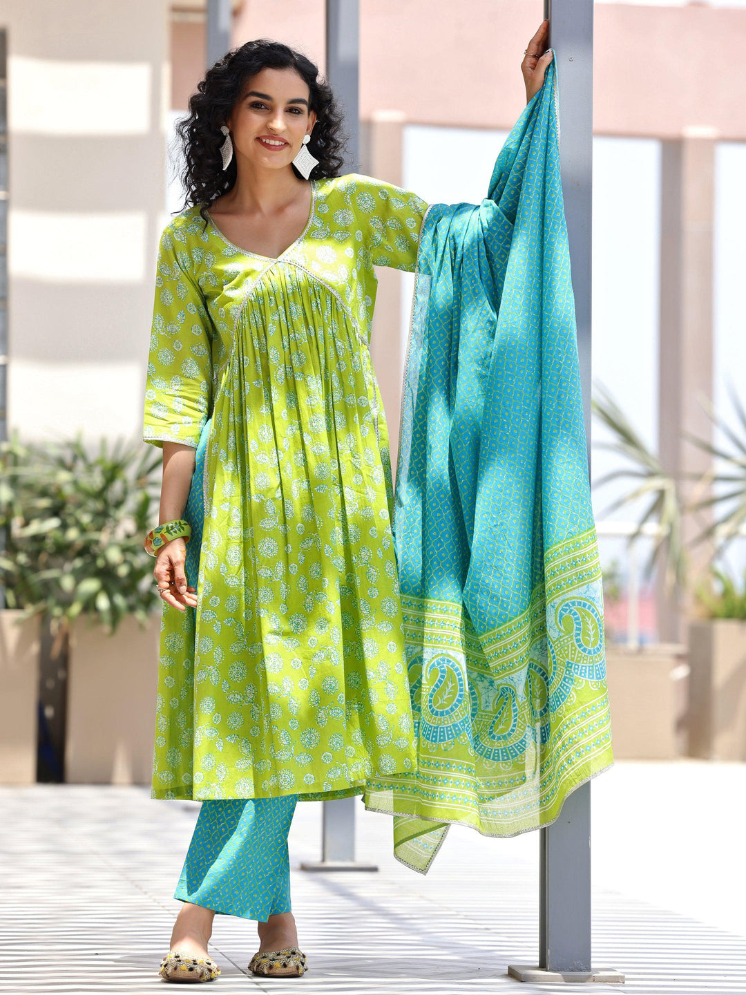 Green Printed Cotton A-Line Kurta With Palazzos & Dupatta - Libas