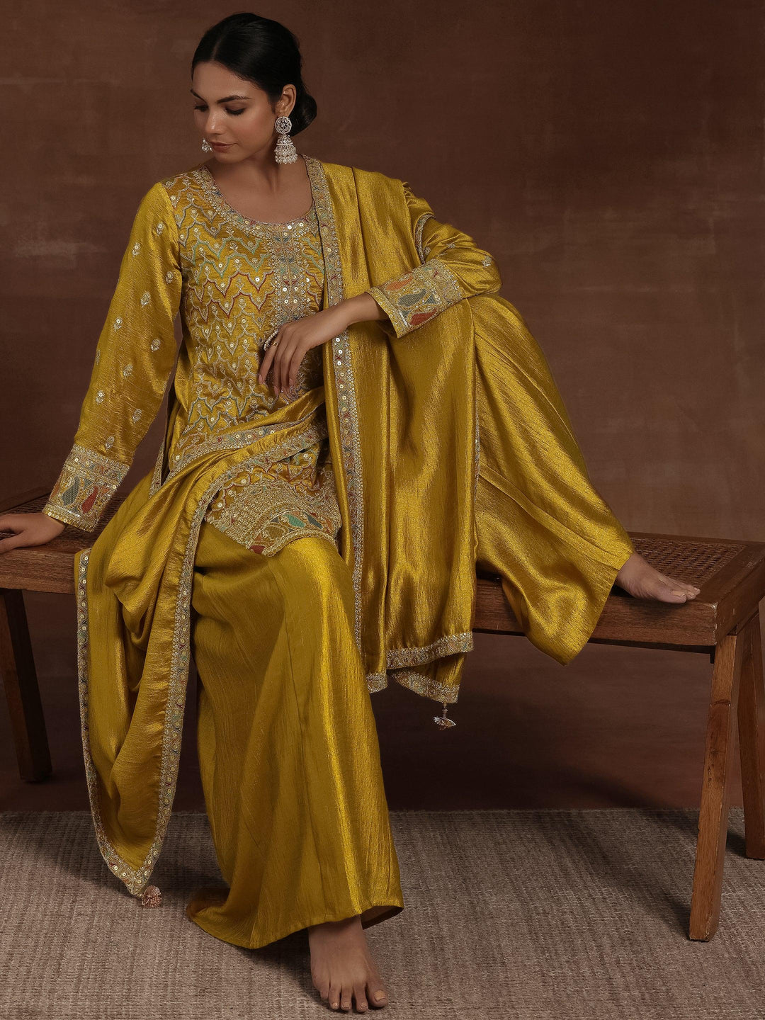 Mustard Embroidered Silk Blend Straight Kurta With Palazzos & Dupatta - Libas 