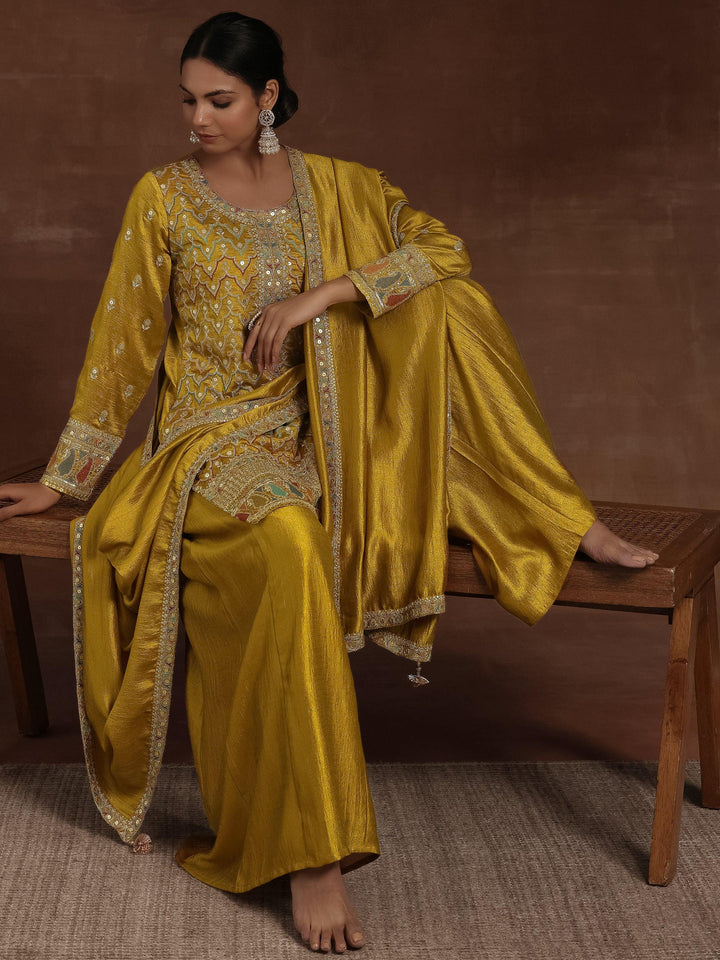 Mustard Embroidered Silk Blend Straight Kurta With Palazzos & Dupatta - Libas