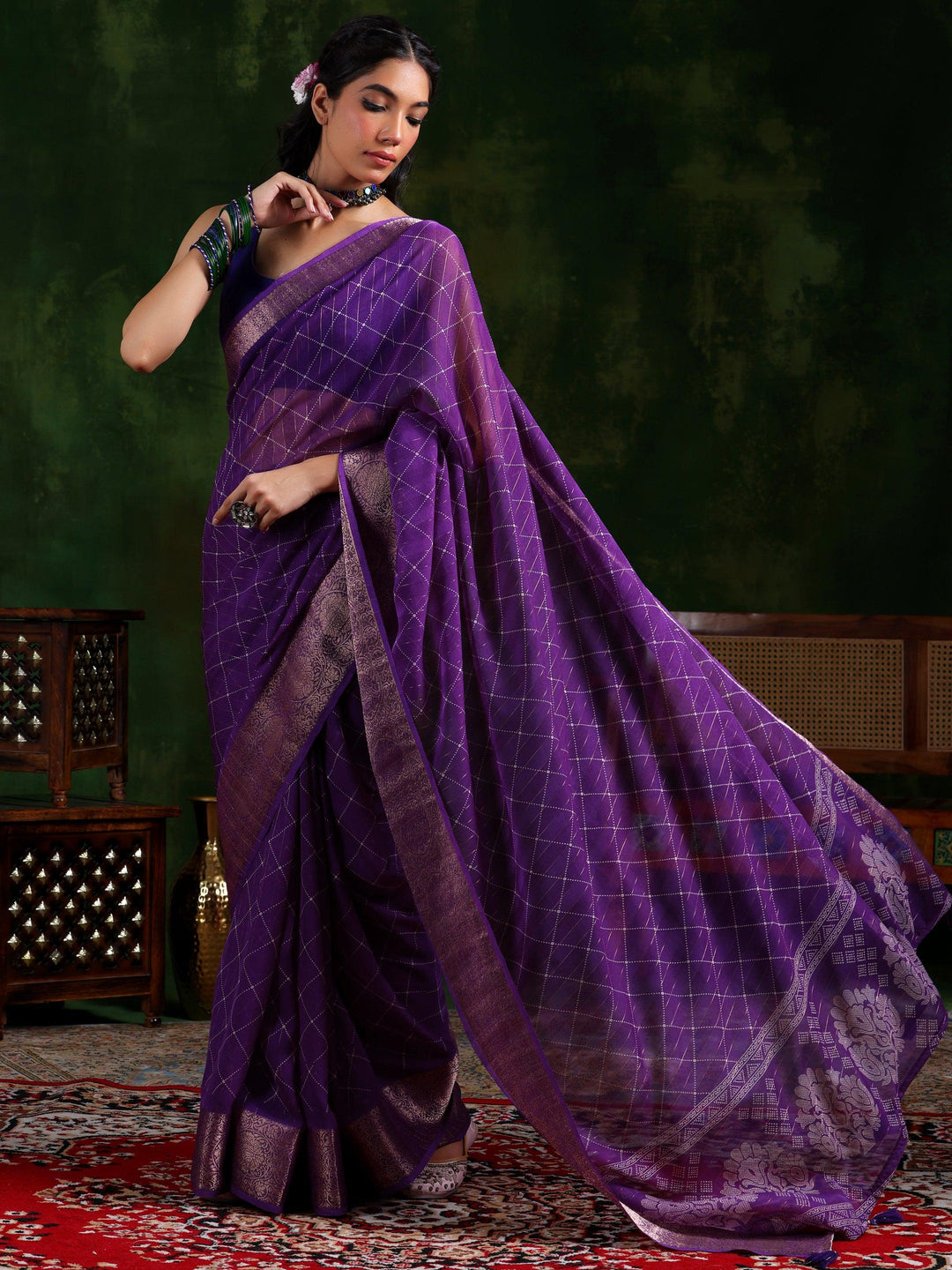 Purple Printed Silk Blend Saree With Unstitched Blouse Piece - Libas