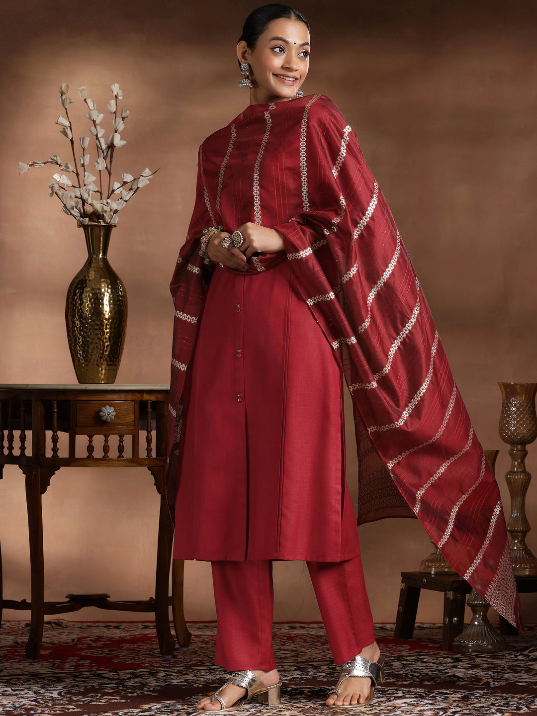 Maroon Solid Silk Blend Straight Suit With Dupatta