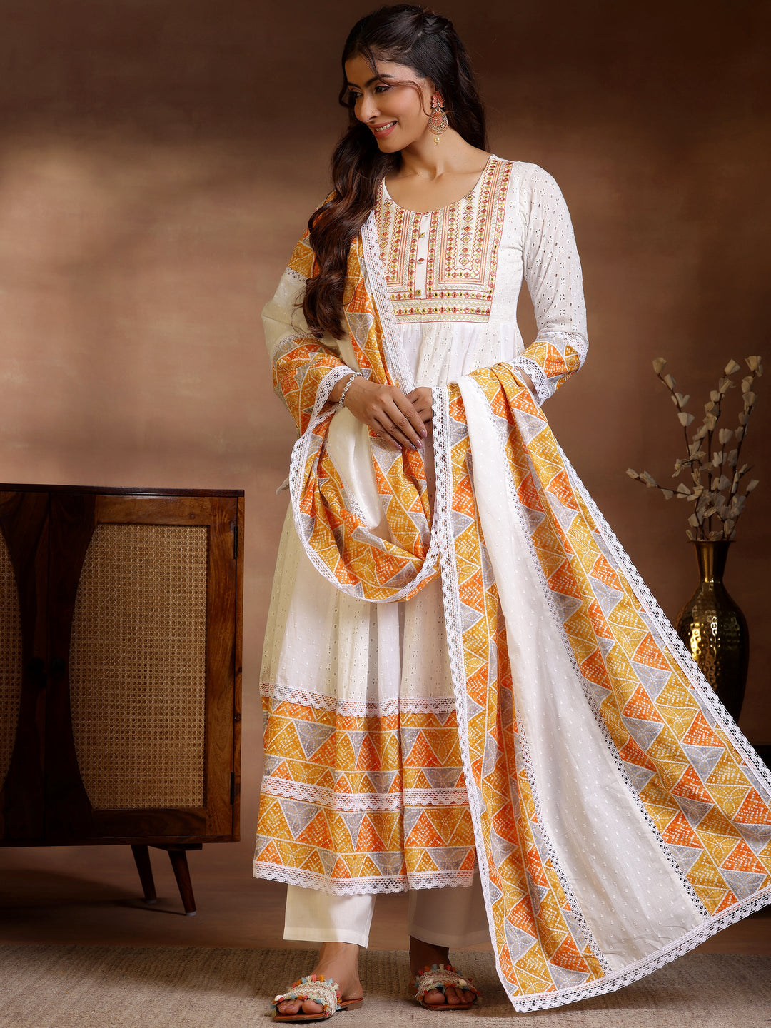  White Self Design Cotton Anarkali Suit With Dupatta 