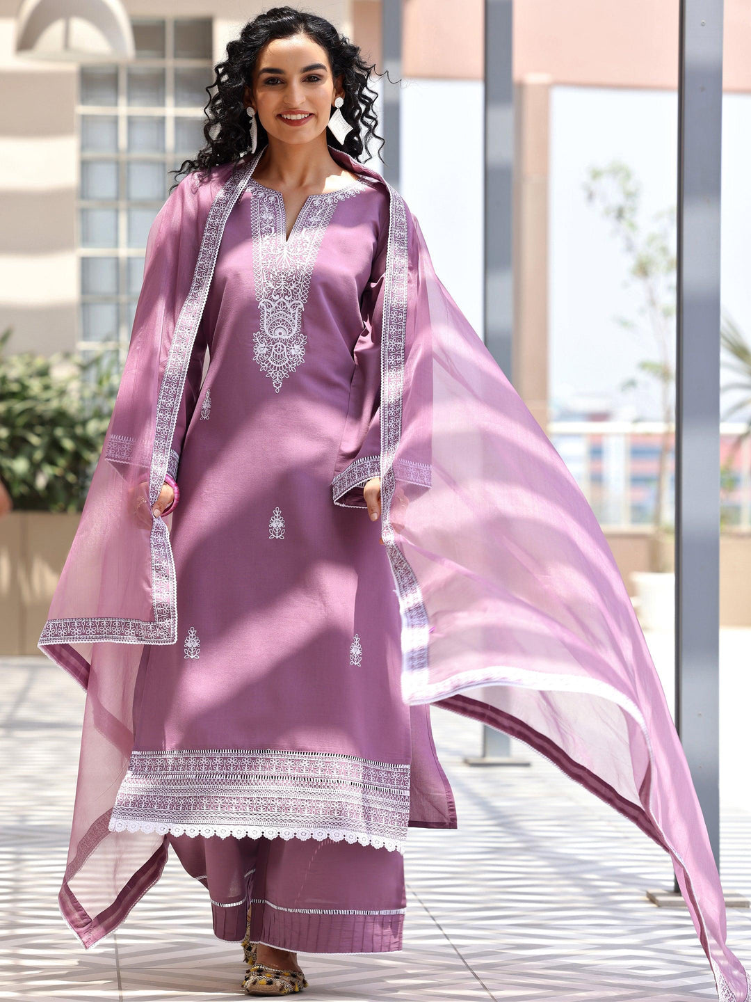 Mauve Embroidered Silk Blend Straight Suit With Dupatta - Libas