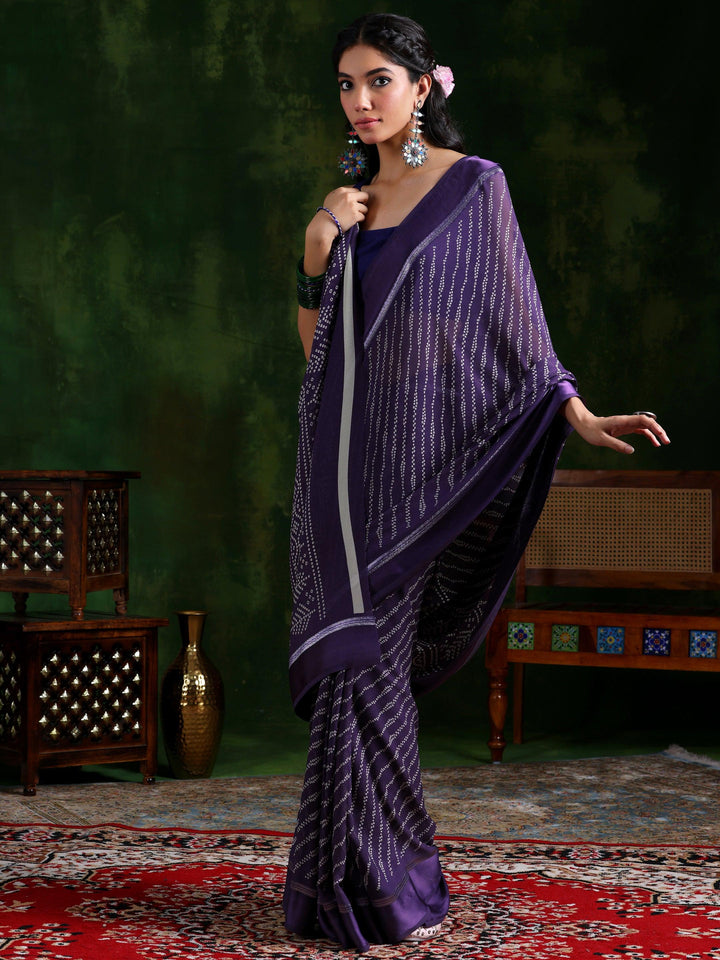 Purple Printed Satin Saree With Unstitched Blouse Piece - Libas