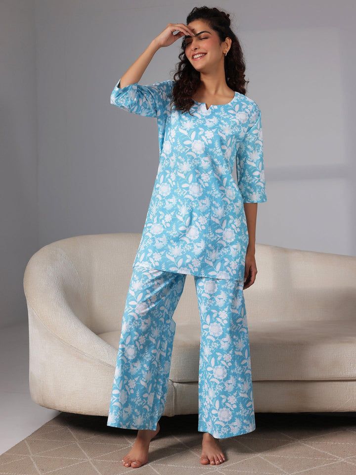 Blue Printed Cotton Night Suits - Libas