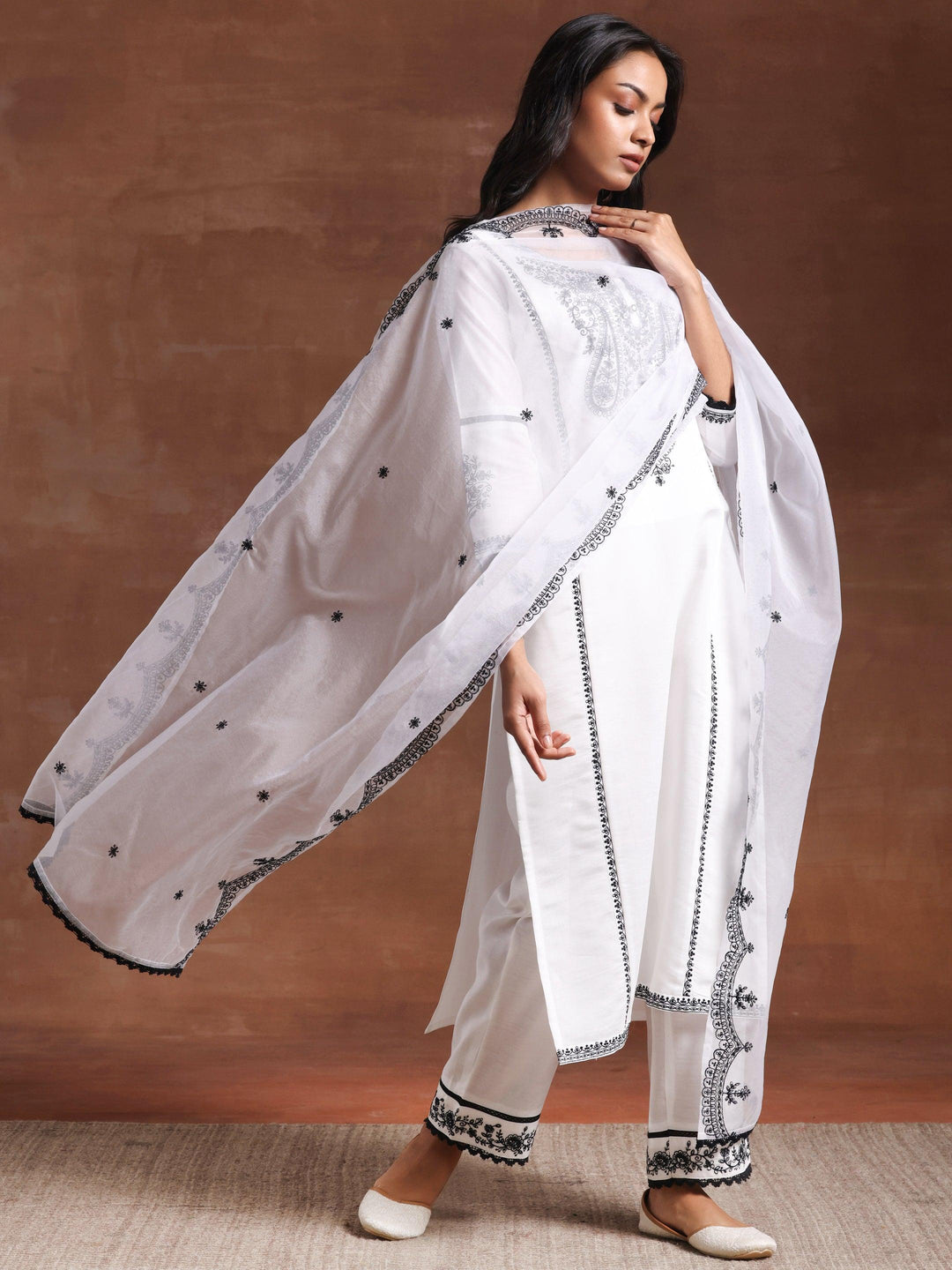 White Embroidered Silk Blend Straight Suit With Dupatta - Libas