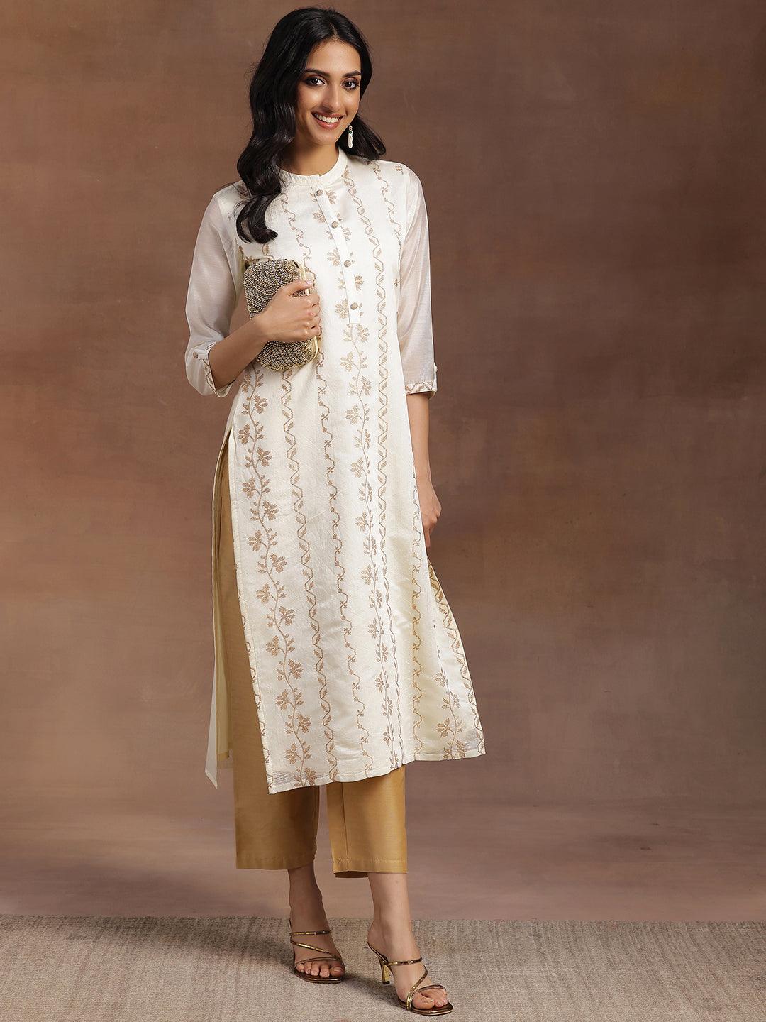 Off White Embroidered Chanderi Silk Straight Kurta - Libas