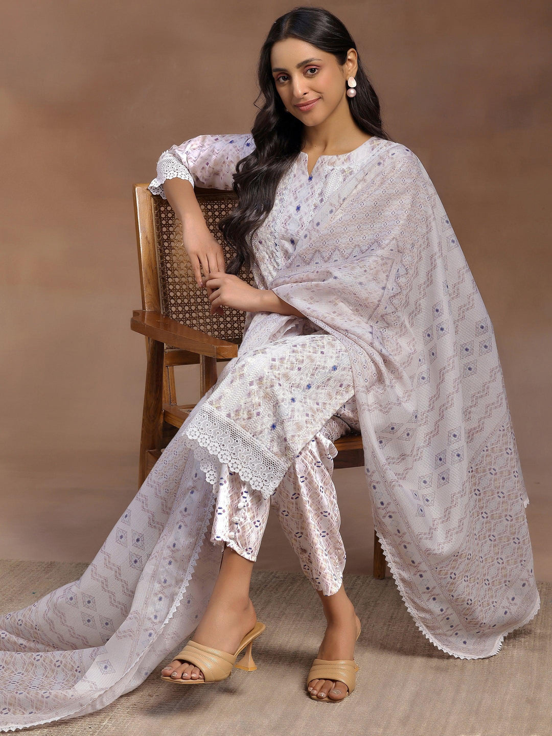 Beige Embroidered Cotton Blend Straight Suit With Dupatta - Libas