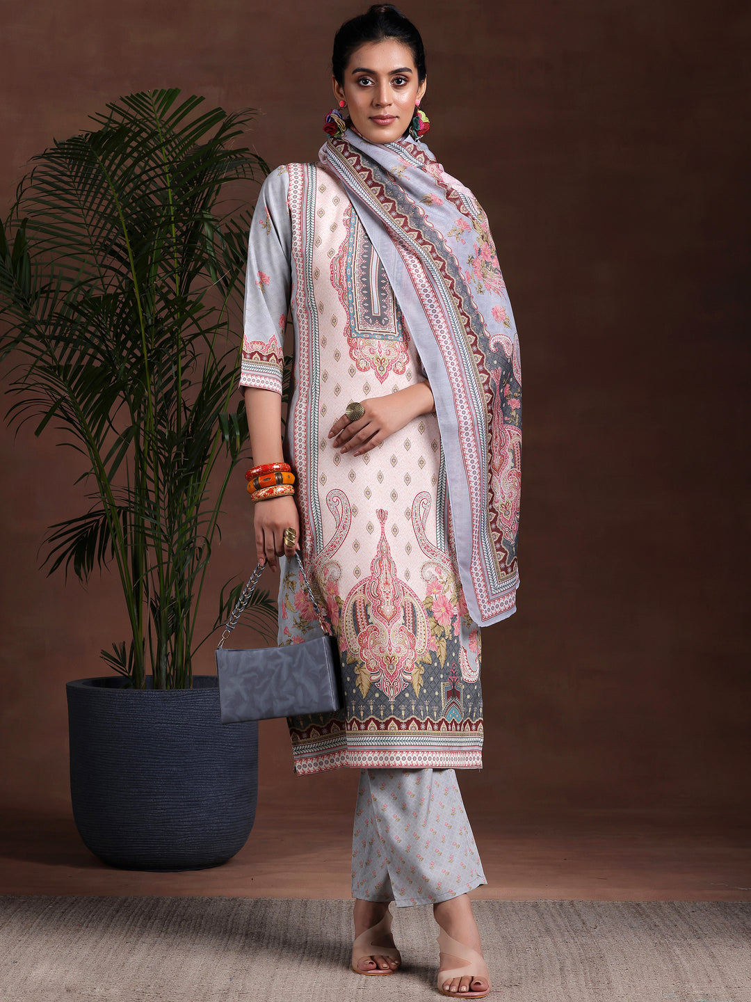  Grey Printed Poly Crepe Straight Suit With Dupatta 