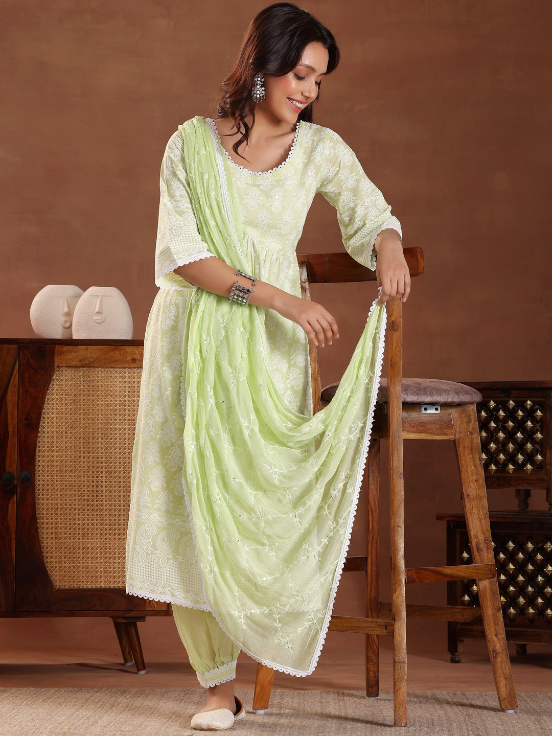 Green Embroidered Pure Cotton A-Line Kurta With Sharara & Dupatta - Libas 