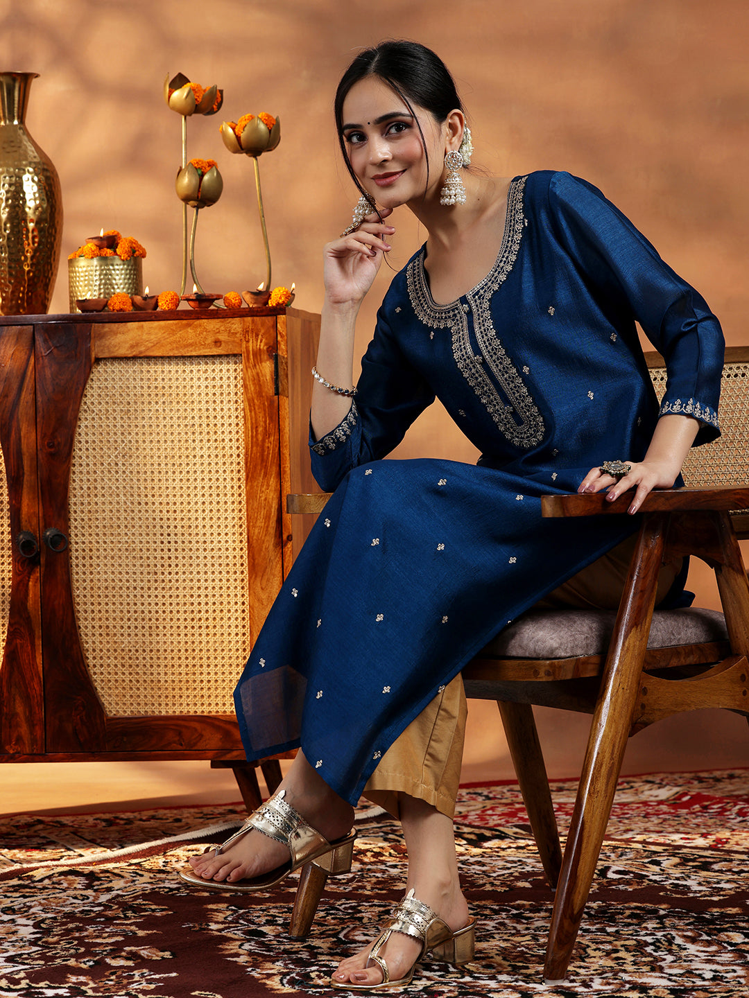 Blue Embroidered Silk Straight Kurta