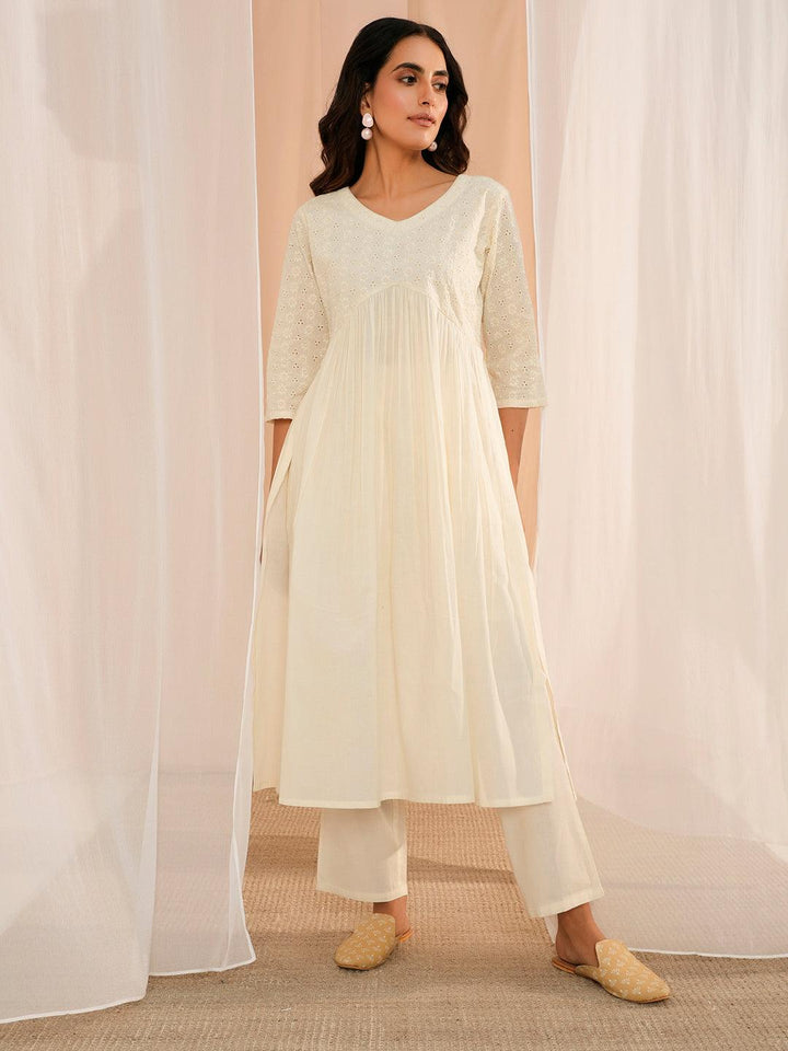 Off White Embroidered Cotton Straight Kurta Set - Libas