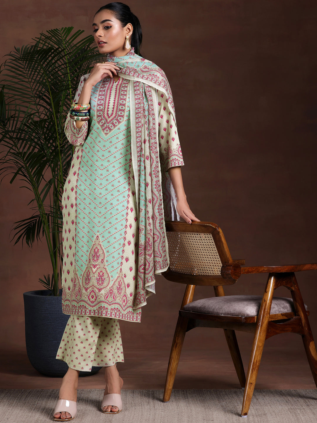 Beige Printed Poly Crepe Straight Suit With Dupatta