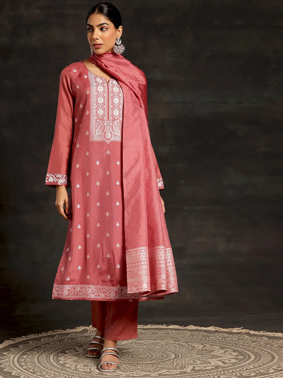  Pink Woven Design Silk Blend Straight Suit With Dupatta 