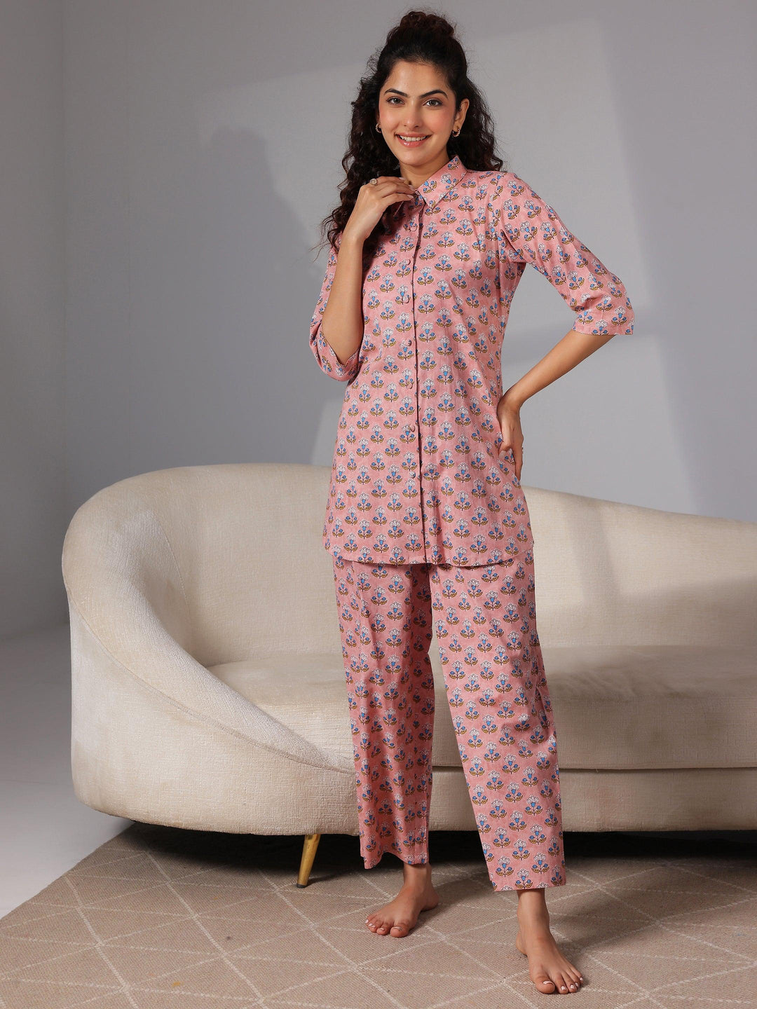 Peach Printed Cotton Night Suits - Libas 