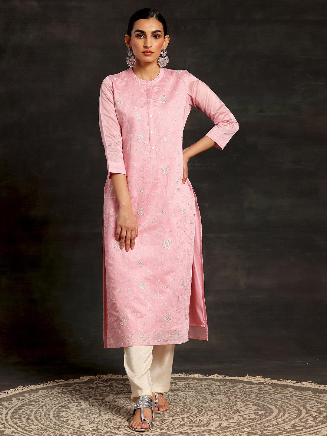 Pink Embroidered Chanderi Silk Straight Kurta - Libas