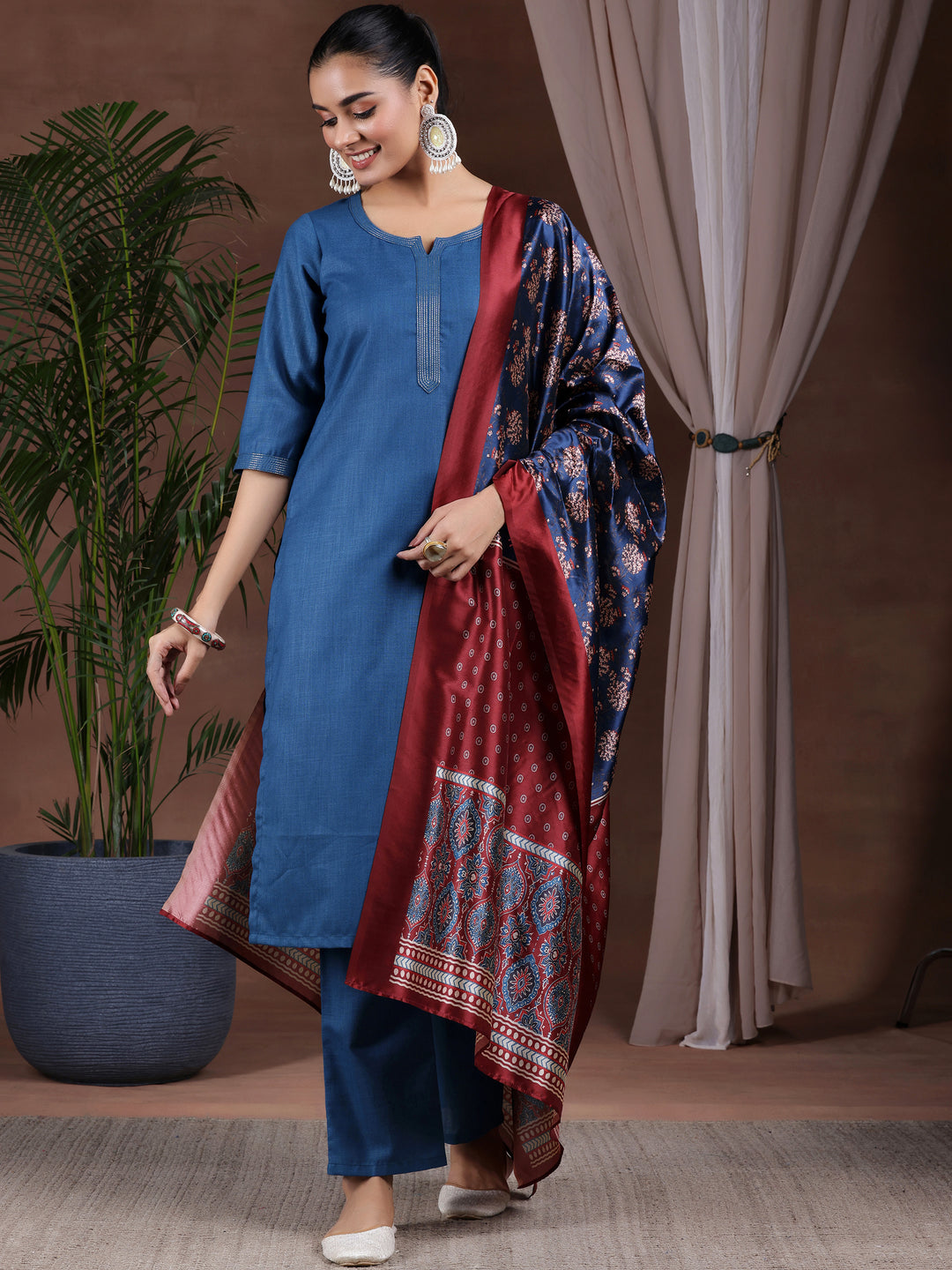 Teal Solid Silk Blend Straight Suit With Dupatta