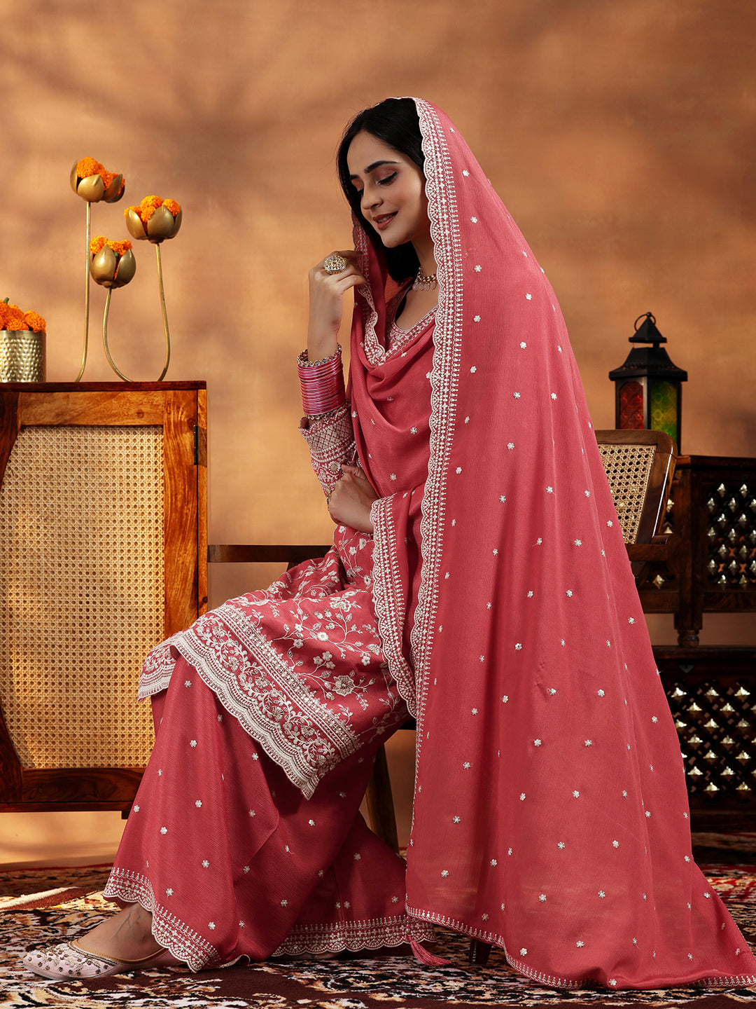 Coral Embroidered Silk Blend Straight Suit With Dupatta