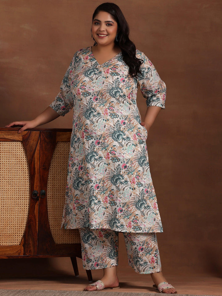 Plus Size Cream Printed Cotton Co-Ords - Libas