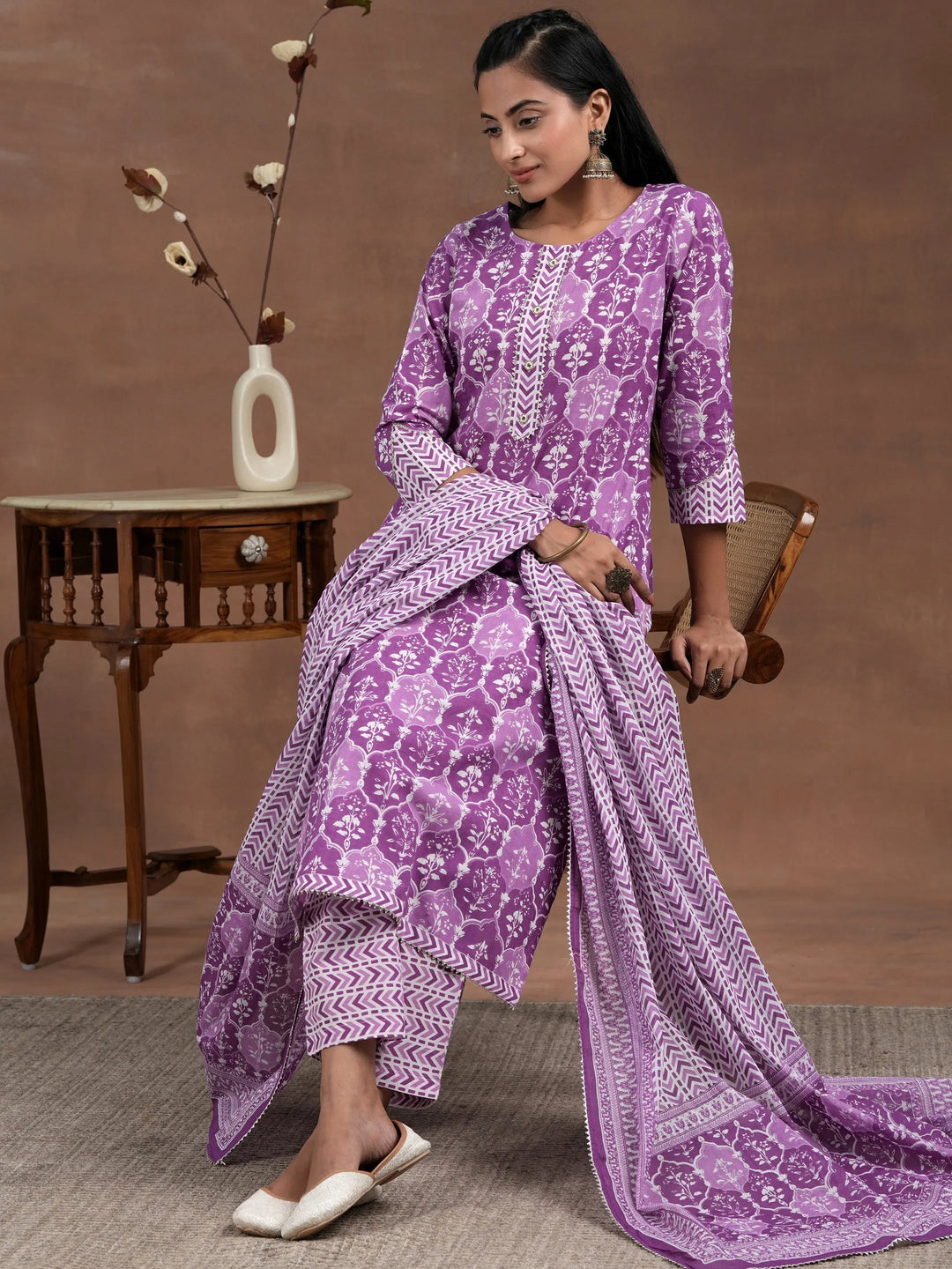  Purple Cotton Printed Straight Kurta 