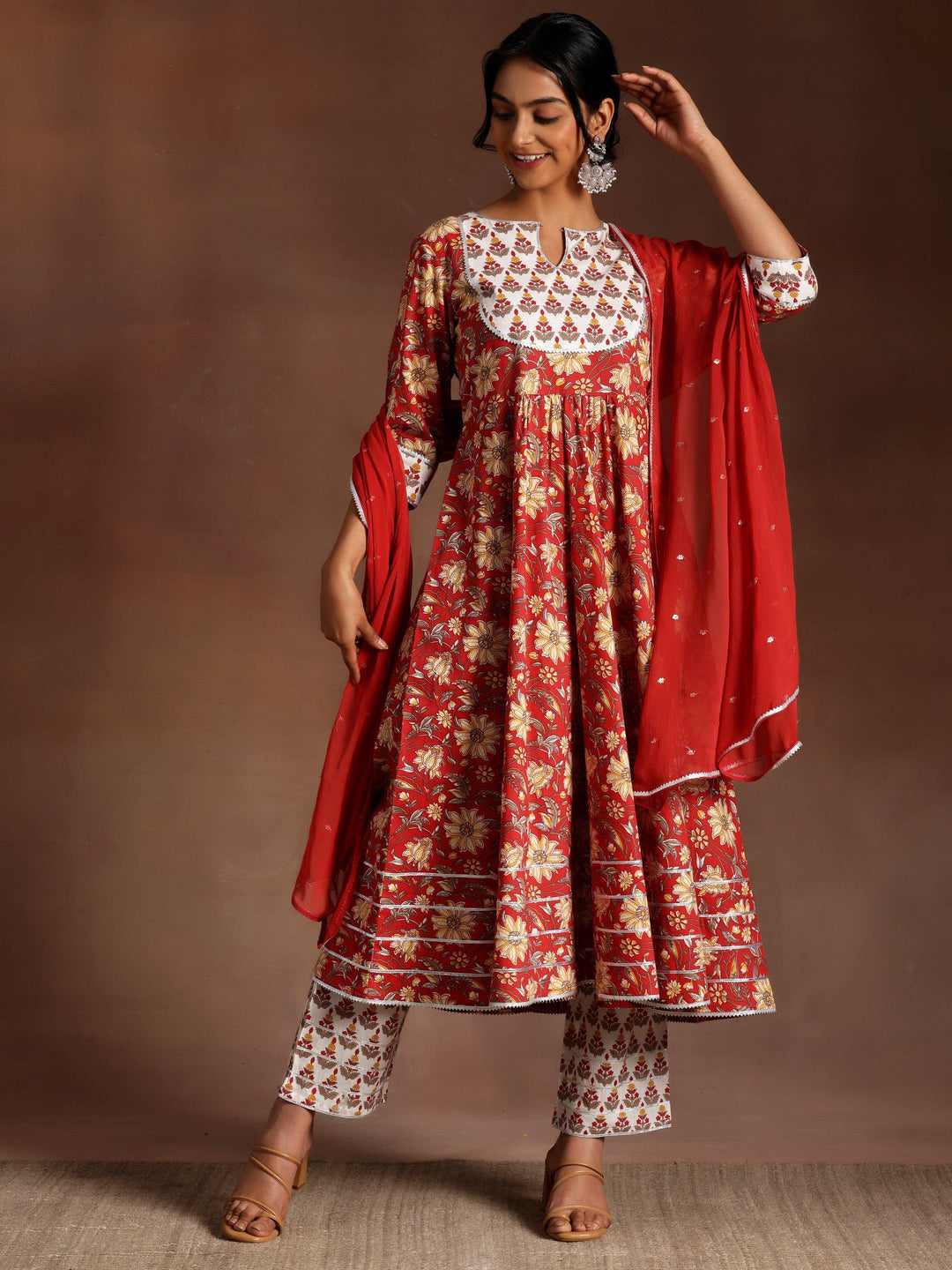 Red Printed Cotton Anarkali Suit With Dupatta - Libas 