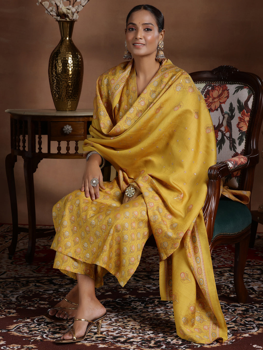  Mustard Printed Silk Blend Straight Suit With Dupatta 